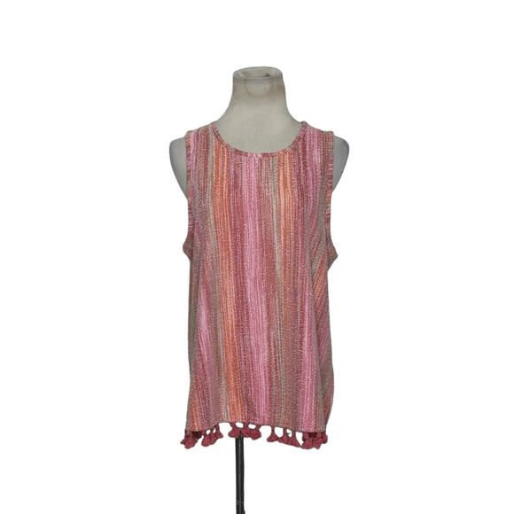W5 pink red striped textured pompom hem sleeveless top size Medium - Picture 1 of 12